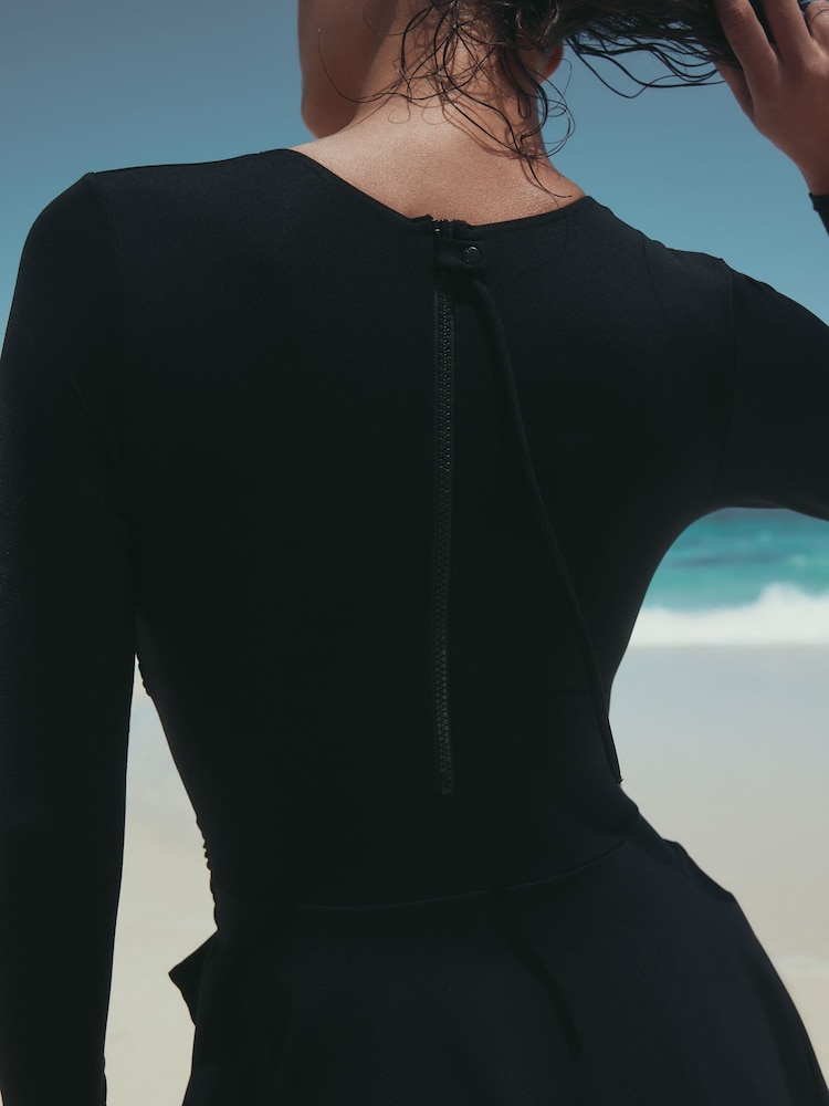 Buy Black Long Sleeve Tummy Control Skirted Swimdress from Next USA