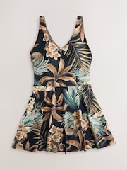 Black Palm Print Shaping Tummy Control Skirted Swim Dress - Image 1 of 3