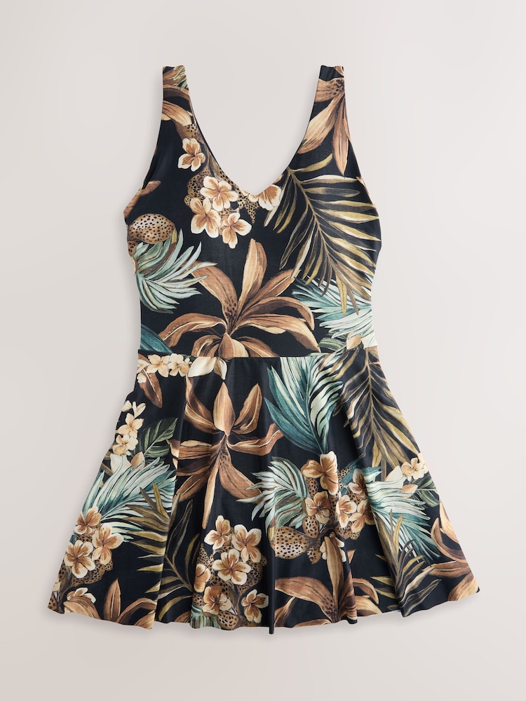 Black Palm Print Shaping Tummy Control Skirted Swim Dress - Image 1 of 3