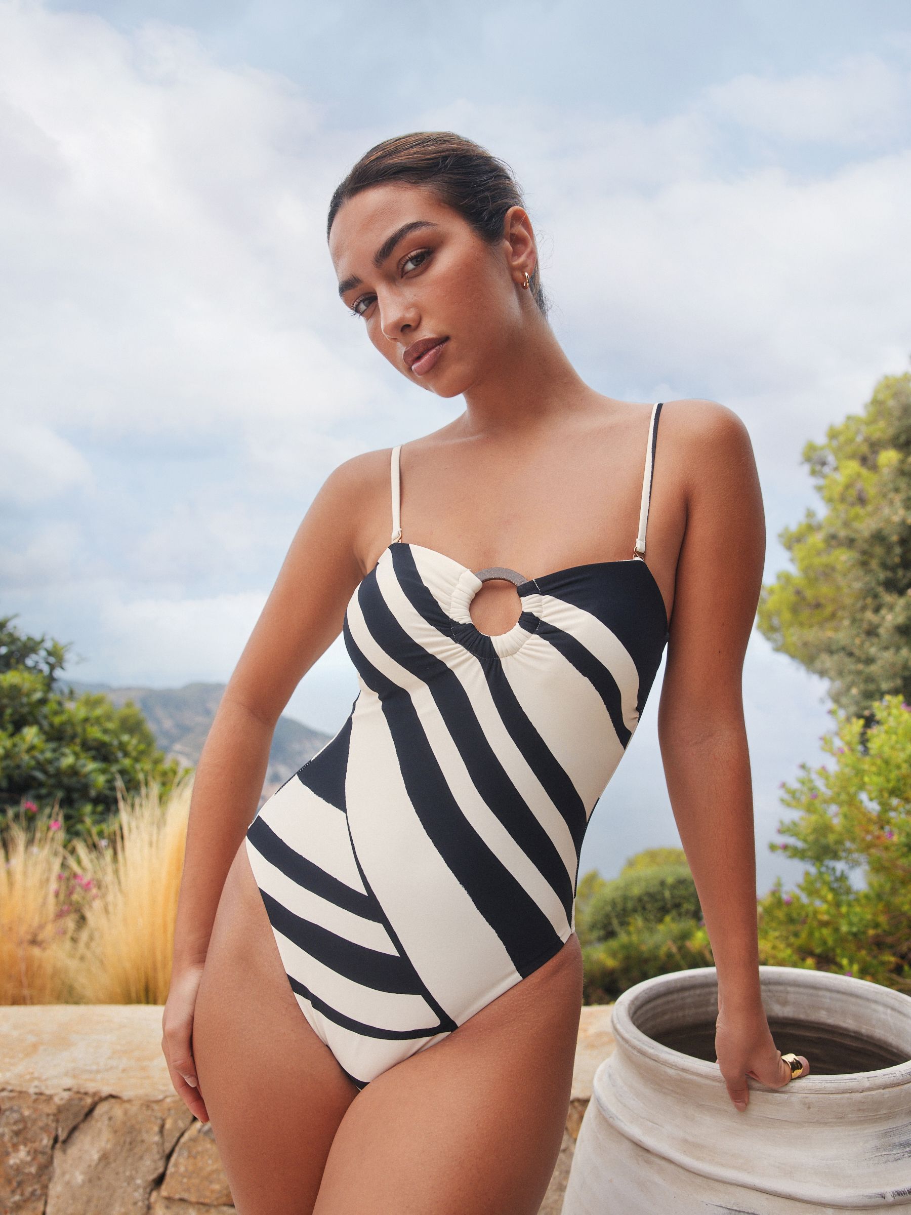 Buy Cream/Black Stripe Hardware Tummy Control Bandeau Swimsuit