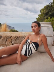 Cream/Black Stripe Hardware Tummy Control Bandeau Swimsuit - Image 3 of 9
