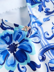 Blue/White Porcelain Sardine Print Tummy Control Scoop Swimsuit - Image 10 of 11