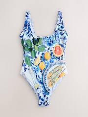 Blue/White Porcelain Sardine Print Tummy Control Scoop Swimsuit - Image 8 of 11