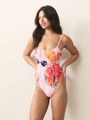 Pink Lobster Tablescape High Leg Tummy Control Scoop Swimsuit - Image 1 of 6