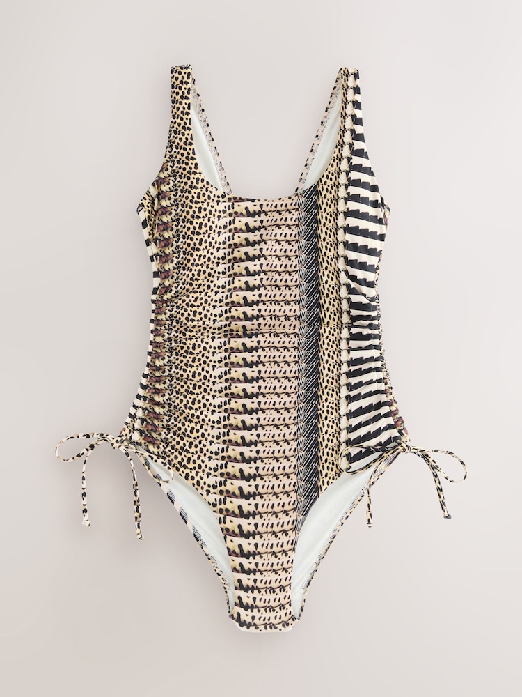 Brown Multi Animal Ruched Tummy Control Scoop Swimsuit - Image 1 of 4