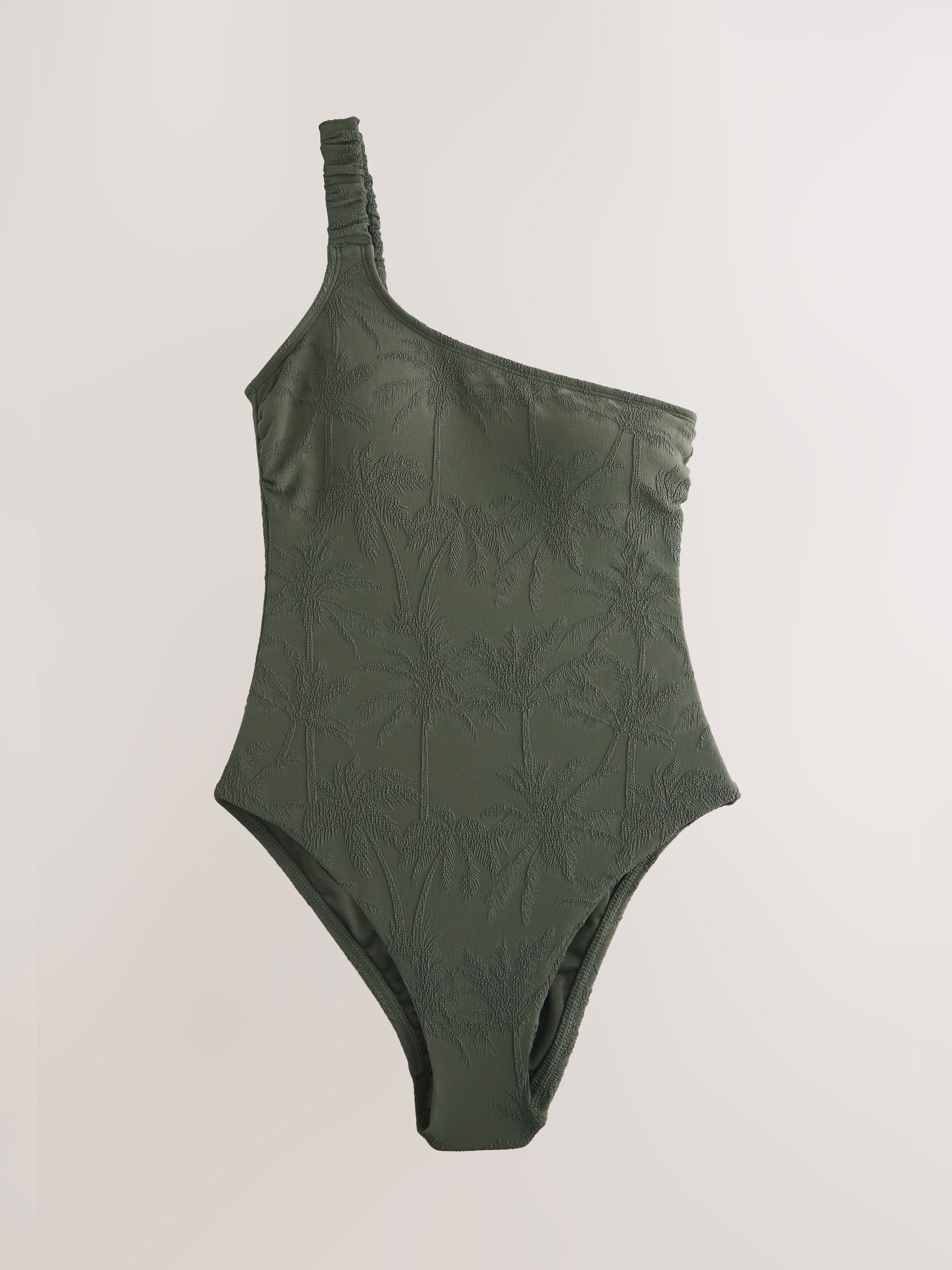 Buy Khaki Green Palm Jacquard 1 Shoulder Tummy Control Swimsuit