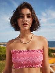 Pink Contrast Stitch Shirred Bandeau Bikini Top - Image 2 of 9