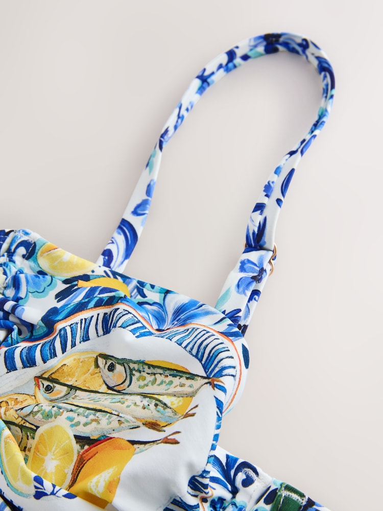 Blue/Ecru Floral Non Padded Wired Bikini Top - Image 2 of 4 Blue/Ecru Floral Non Padded Wired Bikini Top - Image 2 of 4