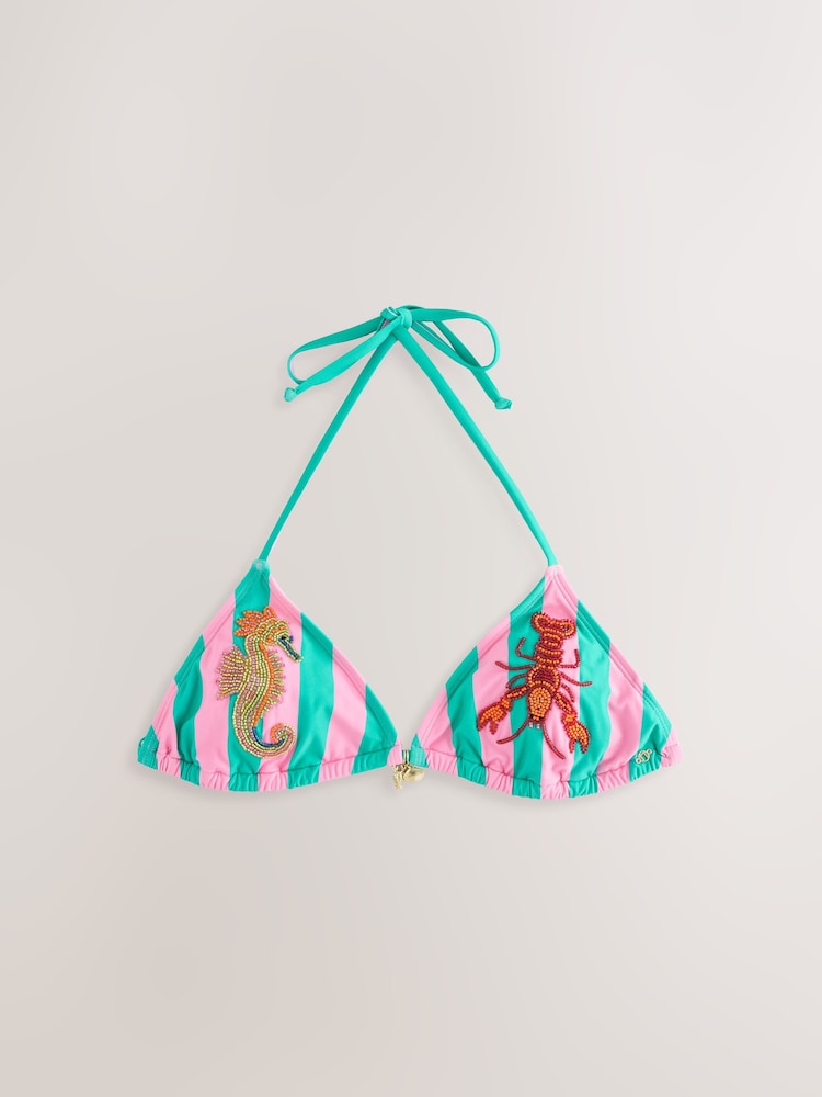 Pink/Green Stripe Beaded Embellished Triangle Bikini Top - Image 1 of 3 Pink/Green Stripe Beaded Embellished Triangle Bikini Top - Image 1 of 3