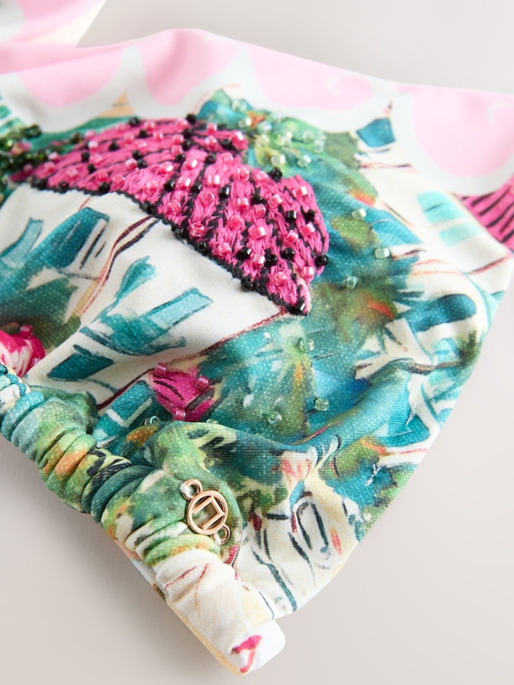 Pink/Blue Tropical Beaded Embellished Triangle Bikini Top - Image 9 of 9