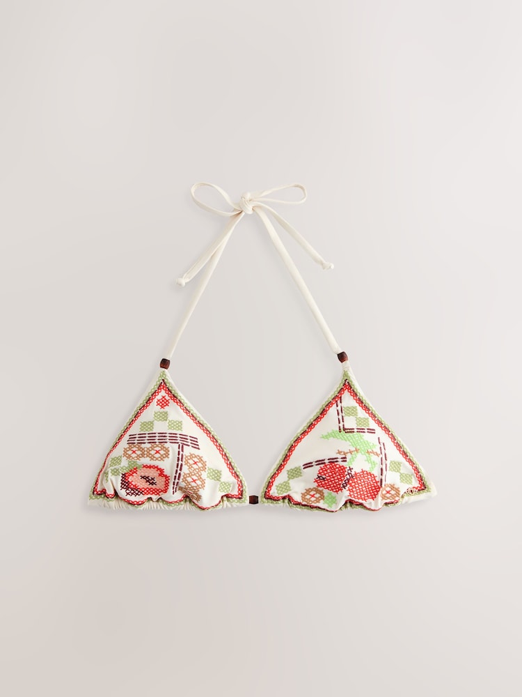 Cream Cherry Crosshatch Embroidered Triangle Bikini Top - Image 1 of 3