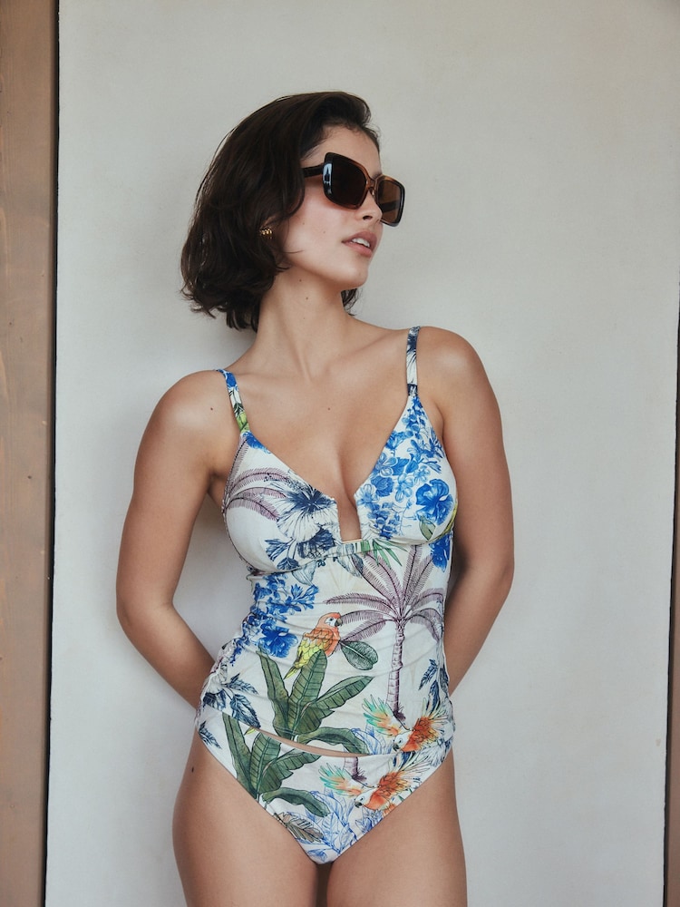 Cream/Navy Parrot Print Tummy Control Tankini Top - Image 2 of 9 Cream/Navy Parrot Print Tummy Control Tankini Top - Image 2 of 9