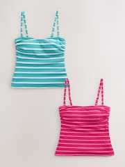 Pink/Aqua White Crinkle Stripe Pull On Bandeau Tankini Tops 2 Pack - Image 1 of 6