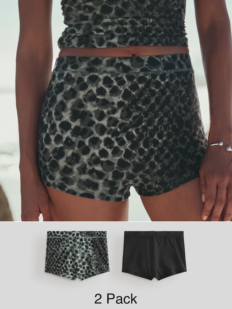 Green Leopard Print/Black - High Waist Swim Shorts 2 Pack - Bild 1 von 10 Green Leopard Print/Black - High Waist Swim Shorts 2 Pack - Bild 1 von 10