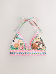 Green/Pink Conversational Embellished Bordered Triangle Bikini Top - Image 7 of 9