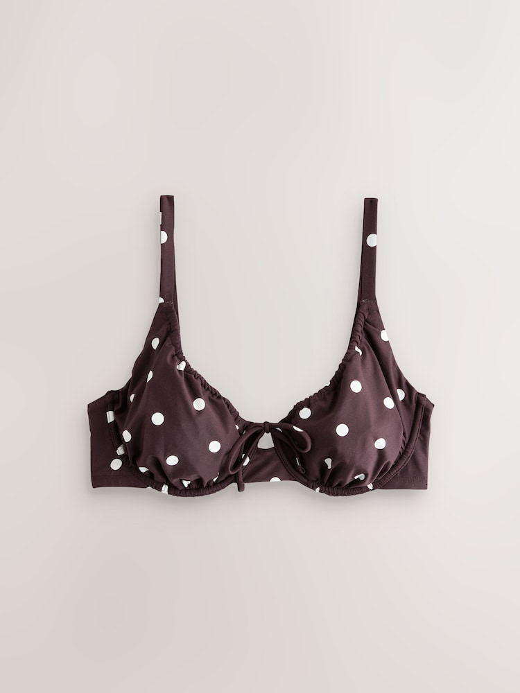 Chocolate Brown/Cream Spot DD+ Wired Non Padded Bikini Top - Image 1 of 4 Chocolate Brown/Cream Spot DD+ Wired Non Padded Bikini Top - Image 1 of 4