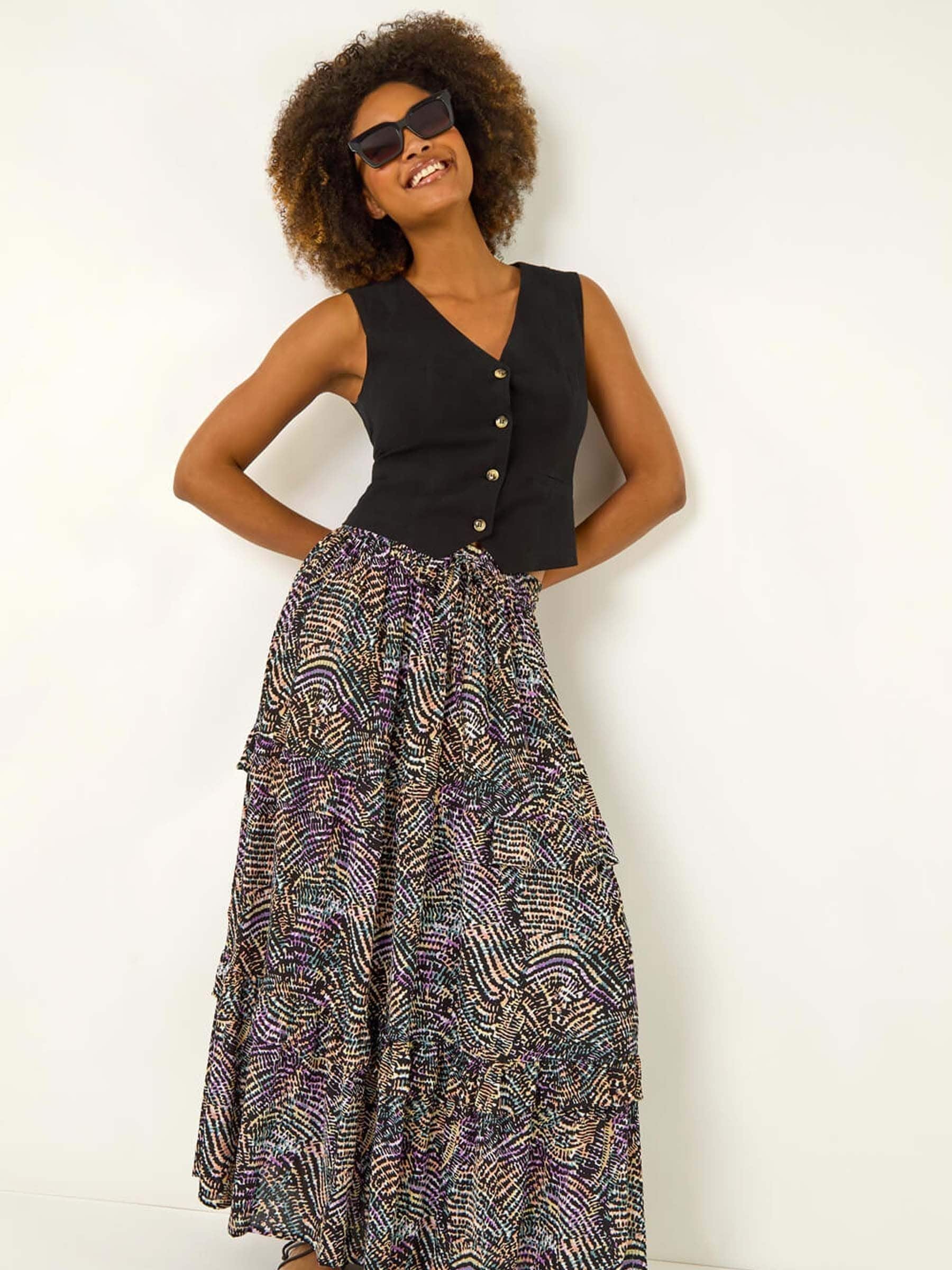 Roman Black Abstract Contrast Print Maxi Skirt