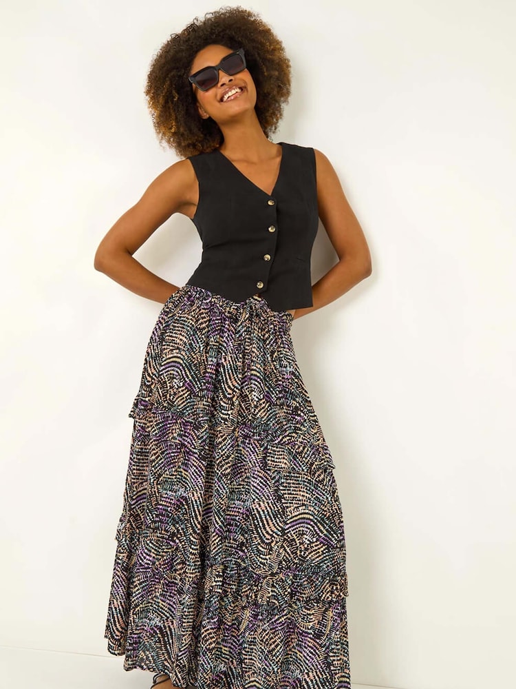Roman Black Abstract Contrast Print Maxi Skirt - Image 1 of 5
