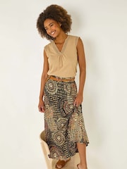 Roman Black Abstract Print Belted A-Line Skirt - Image 1 of 5
