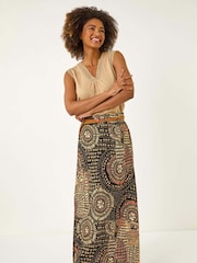 Roman Black Abstract Print Belted A-Line Skirt - Image 2 of 5