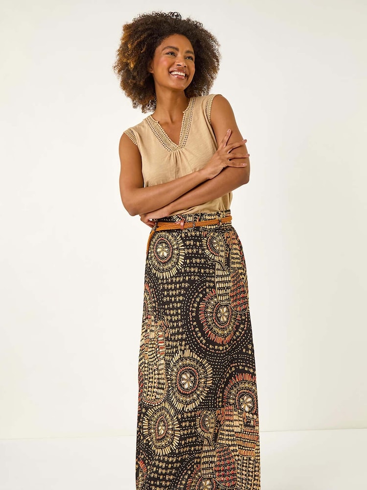 Roman Black Abstract Print Belted A-Line Skirt - Image 2 of 5