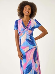 Roman Blue Abstract Print Twist Front Midi Dress - Image 1 of 5