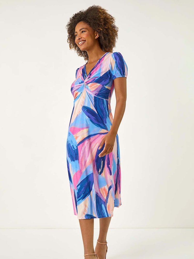 Roman Blue Abstract Print Twist Front Midi Dress - Image 2 of 5