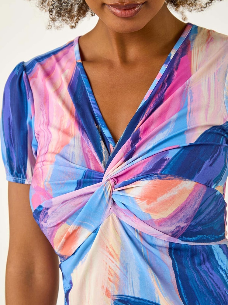 Roman Blue Abstract Print Twist Front Midi Dress - Image 5 of 5