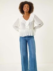 White - Roman Frill Pleated Peplum Blouse - Image 1 of 5