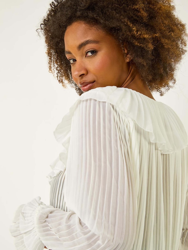 White - Roman Frill Pleated Peplum Blouse - Image 2 of 5