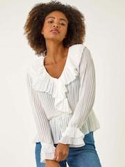 White - Roman Frill Pleated Peplum Blouse - Image 4 of 5