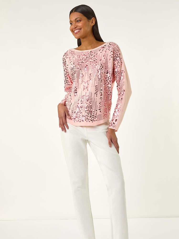 Roman Pink Sequin Textured Knit Jumper - Image 2 of 5