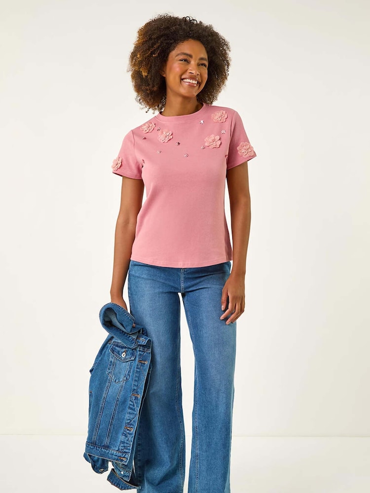 Roman Pink Floral Print Appliqué T-Shirt - Image 2 of 5
