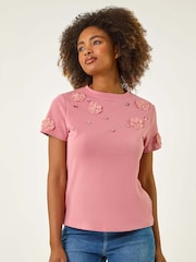 Roman Pink Floral Print Appliqué T-Shirt - Image 4 of 5