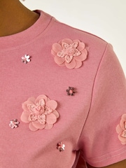 Roman Pink Floral Print Appliqué T-Shirt - Image 5 of 5