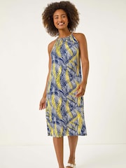 Roman Yellow Gathered Palm Print Swing Stretch Dress - Image 1 of 5
