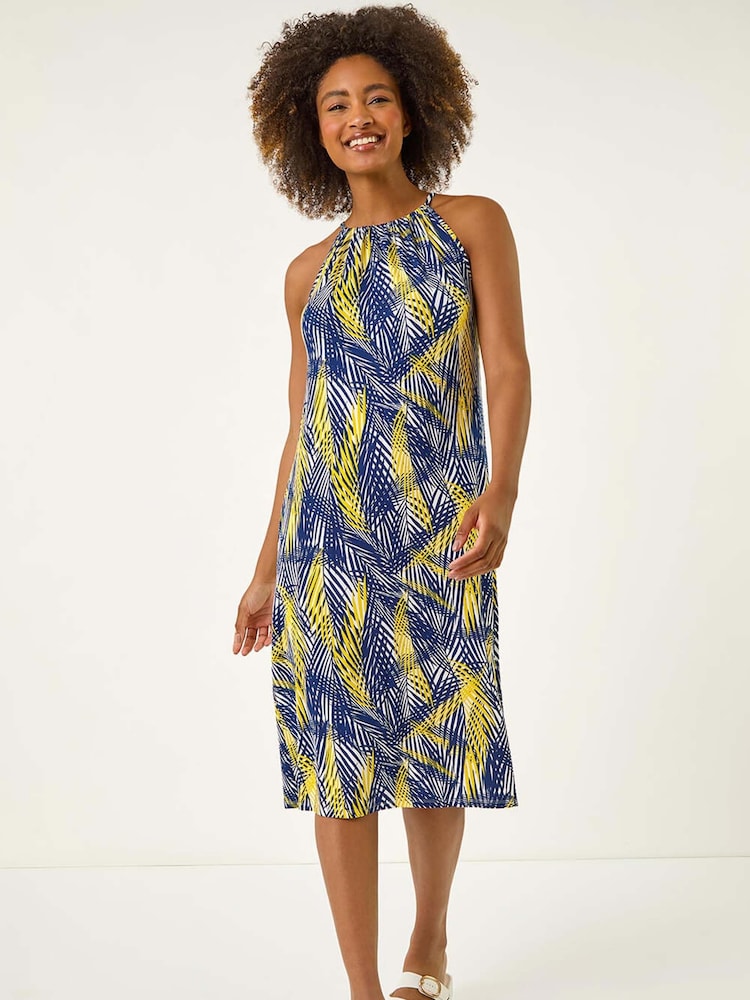 Roman Gathered Palm Print Swing Stretch Dress - Imagen 1 de 5 Roman Gathered Palm Print Swing Stretch Dress - Imagen 1 de 5
