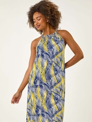 Roman Yellow Gathered Palm Print Swing Stretch Dress - Image 2 of 5