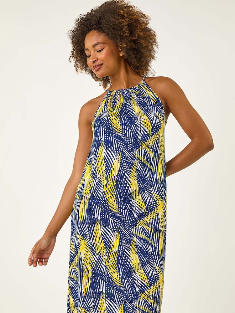 Roman Yellow Gathered Palm Print Swing Stretch Dress - Image 2 of 5