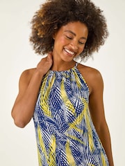 Roman Yellow Gathered Palm Print Swing Stretch Dress - Image 4 of 5