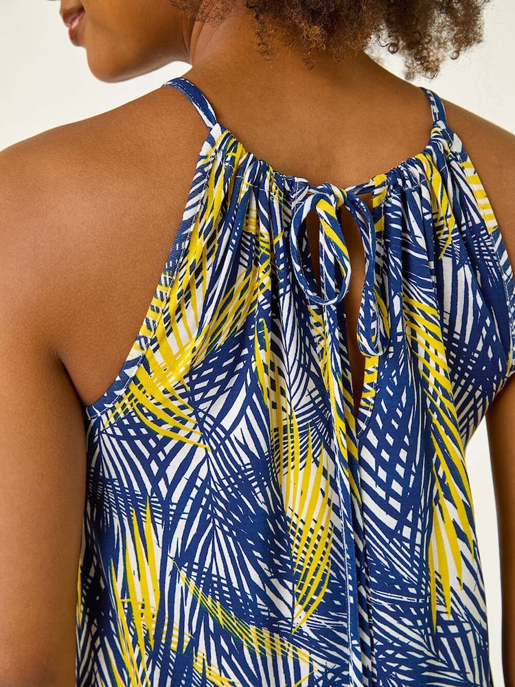 Roman Yellow Gathered Palm Print Swing Stretch Dress - Image 5 of 5
