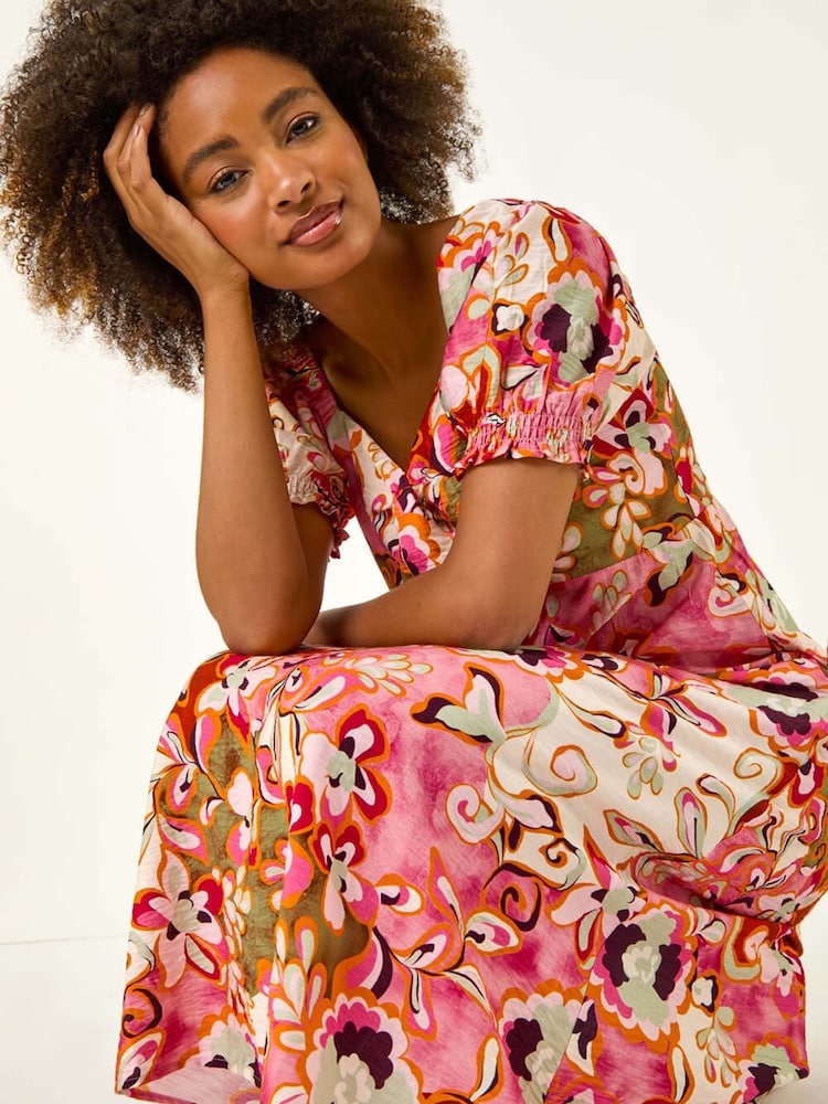 Roman Pink Floral Print Tie Front Midi Dress - Image 1 of 5
