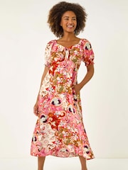 Roman Pink Floral Print Tie Front Midi Dress - Image 2 of 5
