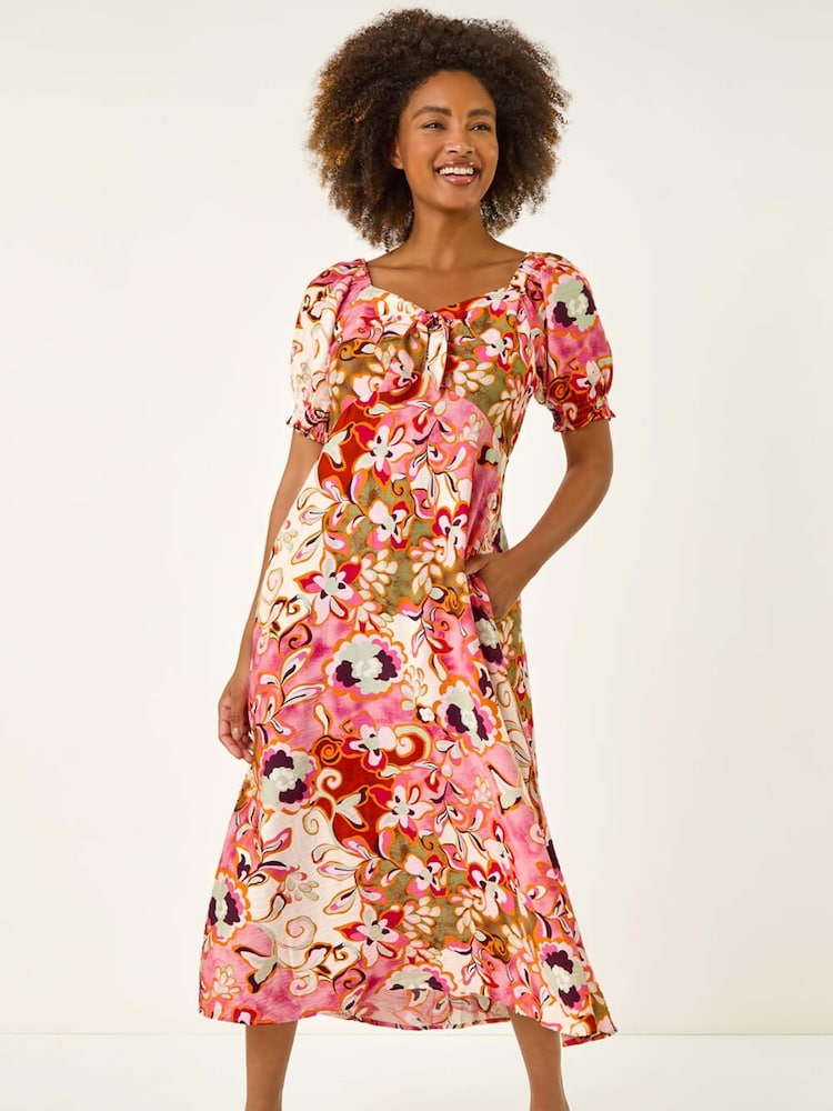 Roman Pink Floral Print Tie Front Midi Dress - Image 2 of 5