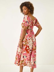 Roman Pink Floral Print Tie Front Midi Dress - Image 3 of 5