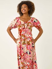 Roman Pink Floral Print Tie Front Midi Dress - Image 4 of 5