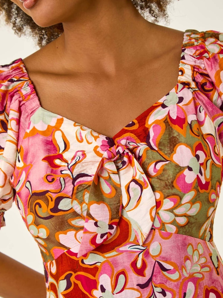 Roman Pink Floral Print Tie Front Midi Dress - Image 5 of 5