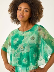 Roman Green Floral Print Mesh Overlay Blouse - Image 1 of 5
