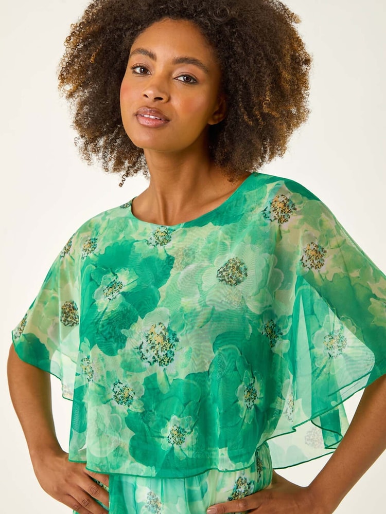Roman Green Floral Print Mesh Overlay Blouse - Image 1 of 5