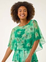 Roman Green Floral Print Mesh Overlay Blouse - Image 2 of 5